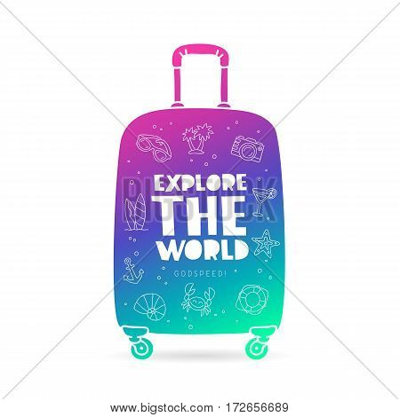 Suitcase with the inscription - Explore the world Godspeed and summer icons. Trend lettering. Vector illustration on white background.