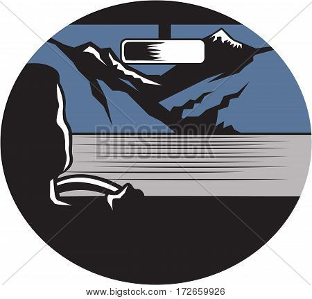 Illustration showing driver looking up at the mountaiin pass and peak through the front windshield set inside oval shape done in retro woodcut style.