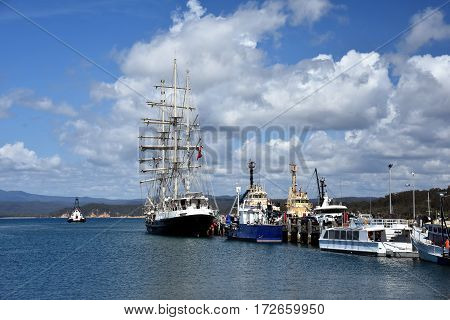 Eden Australia - Jan 6 2017. SV Tenacious at Port of Eden. The STS Tenacious is a modern British wooden sail training ship specially designed to accommodate anyone over 16 with a disability.