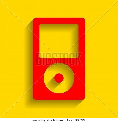 Portable music device. Vector. Red icon with soft shadow on golden background.