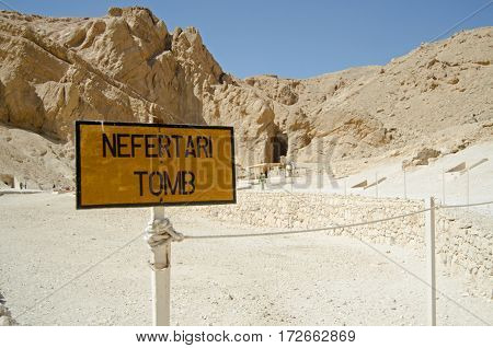 Entrance sign to the magnificent Tomb of Queen Nefertari reopened to visitors in an attempt to attract more tourists to Egypt. Valley of the Queens Luxor Egypt..