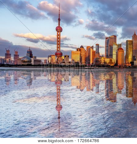 landmarks of Shanghai with Huangpu river in China.
