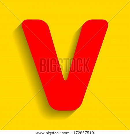 Letter V sign design template element. Vector. Red icon with soft shadow on golden background.