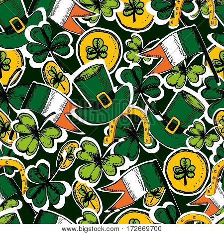 St Patrick's Day seamless pattern. Hand drawn vector illustration with shamrock clover Irish flag golden coins green hat. Ireland symbol pattern. Irish decor for your design.