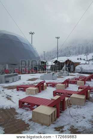Sochi, Russia - January 21, 2017: Cafe in Upper Gorky Gorod - all-season resort town 960 meters above sea level in the village of Krasnaya Polyana