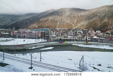 Sochi, Russia - January 24, 2017: Gorky Gorod - all-season resort town and gaming zone 540 meters above sea level in the village of Krasnaya Polyana