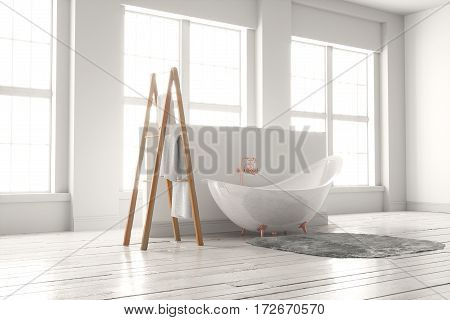 3D rendering of bathtub with wooden towel and deep-piled carpet on a wooden floor in front of large windows