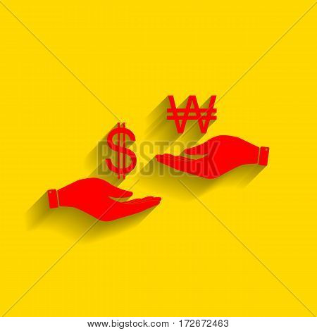 Currency exchange from hand to hand. Dollar and South Korea Won. Vector. Red icon with soft shadow on golden background.