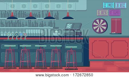 Bar Restaurant with counter in flat style. banner of interior with bar counter, bar chairs and shelves with alcohol.