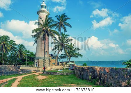 Scenic view with lighthouse old colonial fort Galle in Sri Lanka
