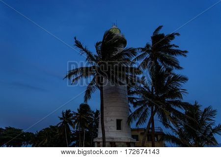 Beautiful evening view with lighthouse in old colonial fort Galle in Sri Lanka