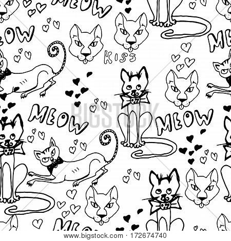 Hand drawn seamless pattern. Cute cats hearts doodles. Monochrome illustration. Sketches.