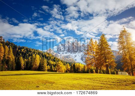 Scenic alpine peaks Durrenstein. Magical and gorgeous scene. Location place Dolomiti, national park Fanes-Sennes-Braies, province of Bolzano - South Tyrol, Italy. Europe. Discover the world of beauty.
