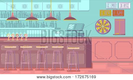 Bar Restaurant with counter in flat style. banner of interior with bar counter, bar chairs and shelves with alcohol.