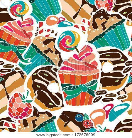 Vector seamles pattern. Desserts muffins cupcakes candies cheesecake chocolate coffee. Can use for birthday party decoration wallpaper gift wrapp menu kitchen's decor.