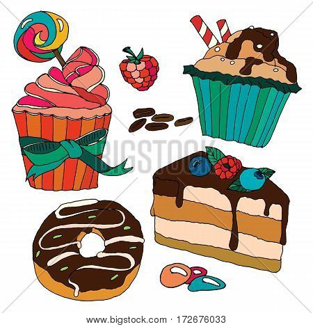 Vector set of pastry. Desserts muffins cupcakes candies cheesecake chocolate coffee. Can use for birthday party decoration menu kitchen's decor.