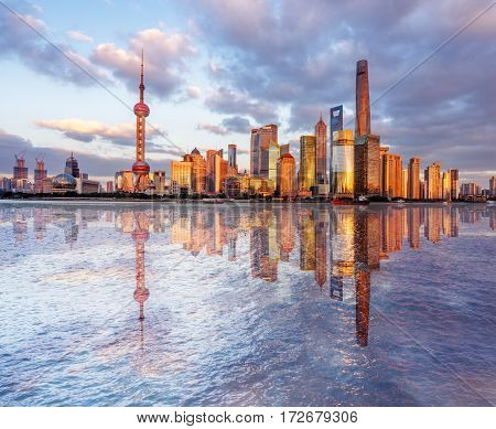 landmarks of Shanghai with Huangpu river in China.