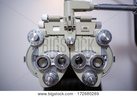 Close-up of phoropter in ophthalmology clinic