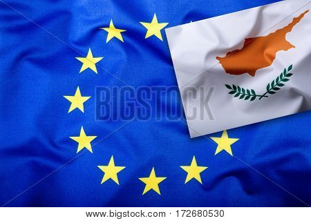 Flags of the Cyprus and the European Union. Cyprus Flag and EU Flag. Flag inside stars. World flag money concept.