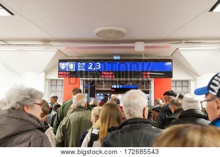 Helsinki, Finland - October 25 : Passengers Expect Landing To The Ferry In The Building Of The Vikin