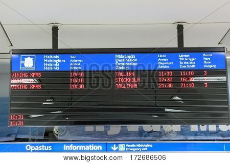Helsinki, Finland - October 27 : Tthe Schedule Of Ferries In The Building Erminal Facility Of The Fe