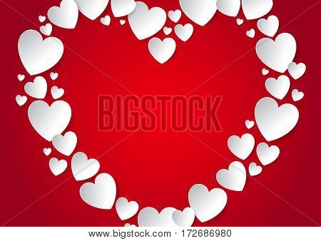 Heart with copy space flat lay with white vector paper hearts on red background. Love and Valentine's Day concept.