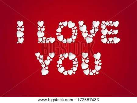 I Love You letters flat lay with white vector paper hearts on red background. Love and Valentine's Day concept.
