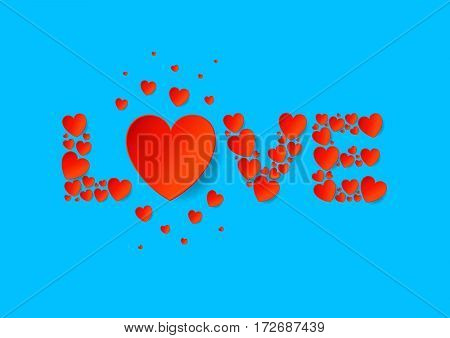 Love letters flat lay with red vector paper hearts on blue background. Love and Valentine's Day concept.