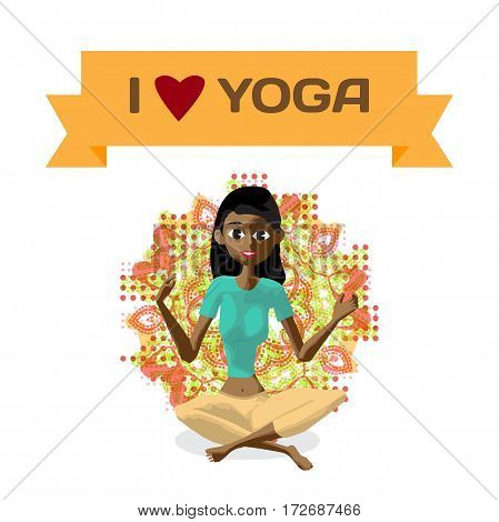 Ornament card with beautiful afro woman sitting in yoga pose. Flat cartoon isolated vector illustration