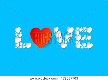 Love letters flat lay with white and red vector paper hearts on blue background