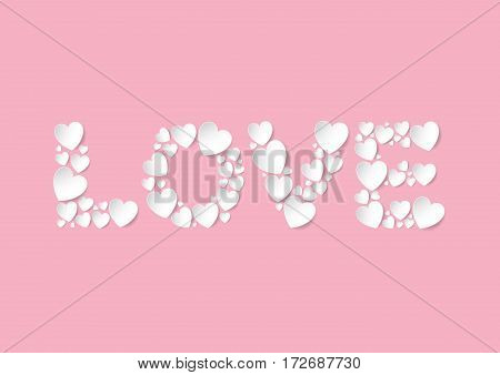 Love letters flat lay with white vector paper hearts on pink background. Love and Valentine's Day concept.