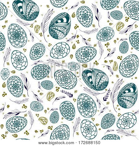 Decorative Easter Seamless Pattern With Hand Drawn Ornamental Eggs And Floral Elements. Doodle Style