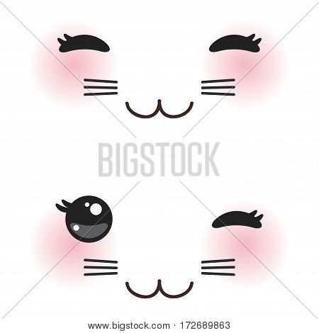 Kawaii funny cat muzzle with pink cheeks and big black eyes on white background. Vector illustration