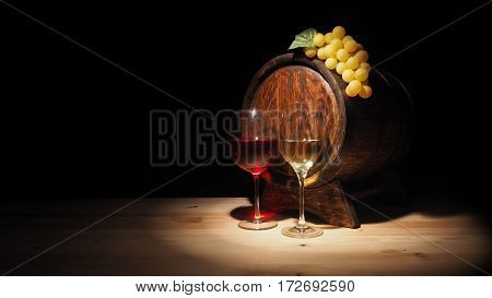Glass Of Red , White Wine And Barrel On Wooden Table