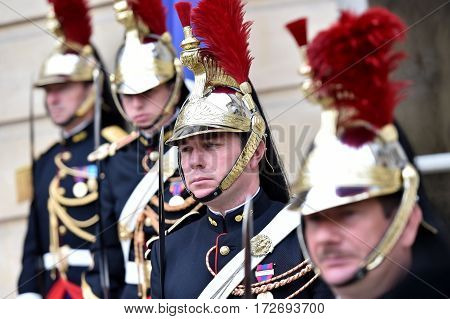 PARIS FRANCE - JUNE 10: Hotel Matignon Republican Guards of honor during a welcome ceremony on JUNE 10 2016 in Paris. Matignon is the official residence of the Prime Minister of France.