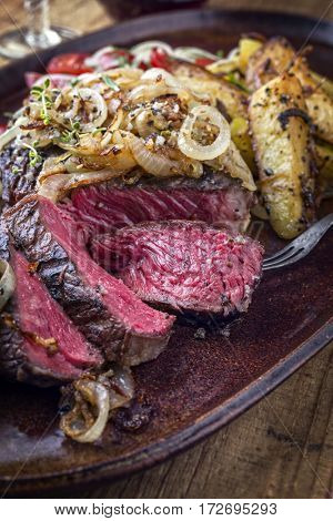 Kobe Entrecote Steak Bleu with Fried Onion and Potatoes