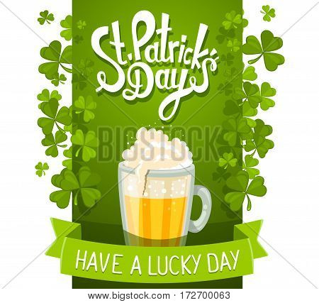 Vector Illustration Of St. Patrick's Day Greeting With Big Mug Of Yellow Beer With Clovers And Text 