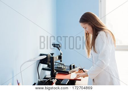 Woman In White Lab Thermal Transferring Image