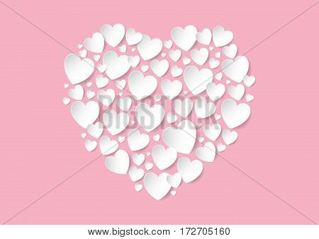 Valentines Day flat lay with white vector paper hearts on pink background. Love concept.