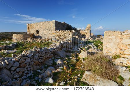 Castle over Livadi beach on Iraklia island in Lesser Cyclades, Greece.