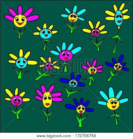 illustration of a bright green background large flowers with pink, yellow, blue petals and yellow and blue and pink heart and green stalk around the pattern with red smile and big eyes