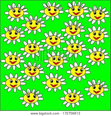 illustration of a bright green background large daisy flowers with white petals and yellow heart around a drawing with a red smile and big eyes