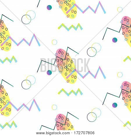 Seamless pattern in Memphis style with colorful geometric elements. Geometric abstract shapes. Memphis. Pop art trendy style 1980s. Minimal. Funky print. Vector design. Bright colors digital print.