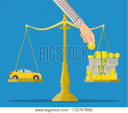 Scales with car and money. Buying a car. Vector illustration in flat style