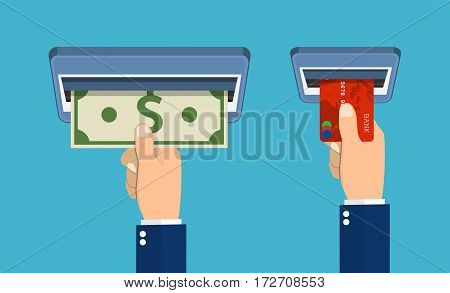 ATM terminal usage concept. Hand pushing credit card in to the atm machine slot and getting money bill from it. Flat design