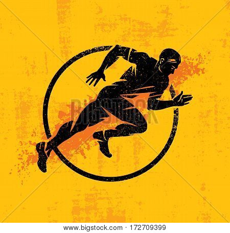 Run Like Hell Creative Sport Motivation Concept. Dynamic Running Man Vector Illustration On Grunge Distressed Background