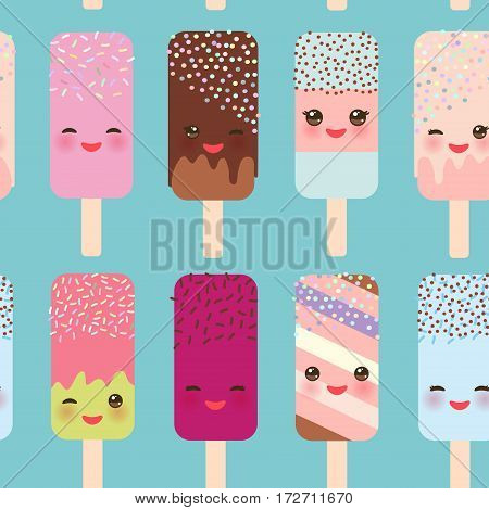 seamless pattern ice cream ice lolly Kawaii with pink cheeks and winking eyes pastel colors on light blue background. Vector illustration