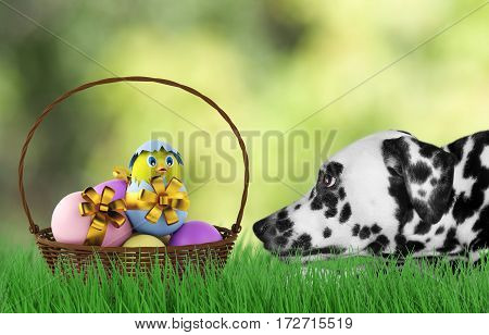 Cute Easter dog with eggs in basket