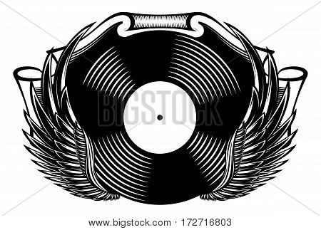 monochrome musical banner with vinyl and wings