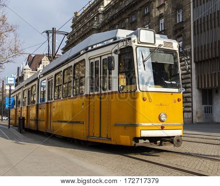 Shot of a tram taken in Budapest Hungary. Model - Ganz KCSV 7